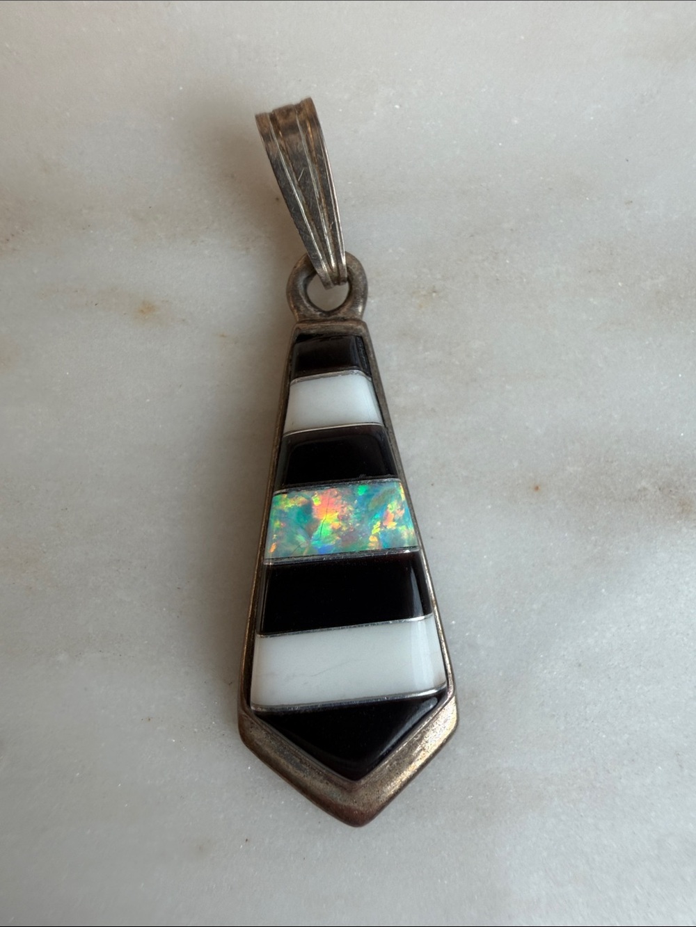 Vintage Navajo Signed “V” Onyx and Opal inlay Sterling Pendant